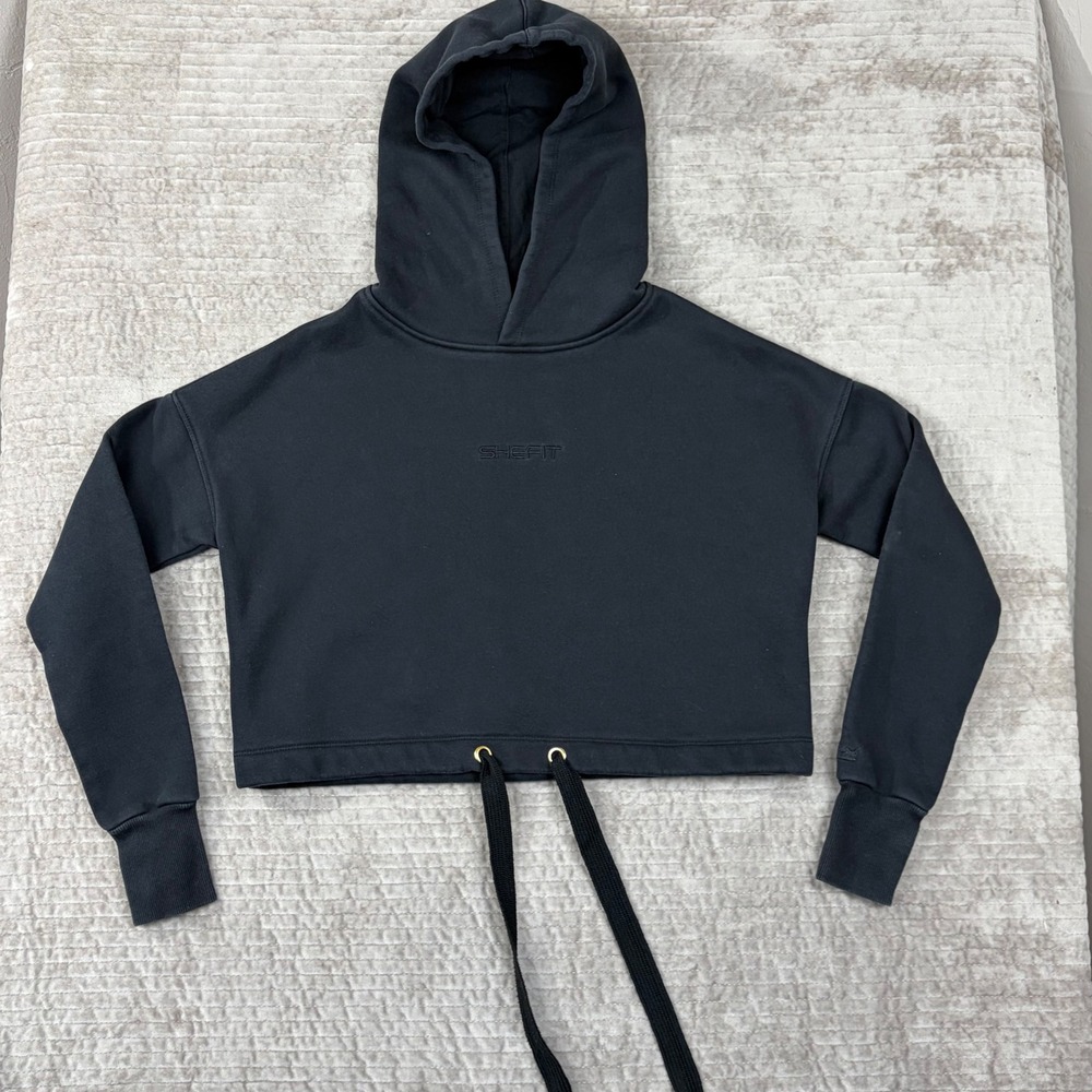 SHEFIT Womens Cropped Hoodie Black‎ Athletic Sweatshirt Drawstring Hem Size XS